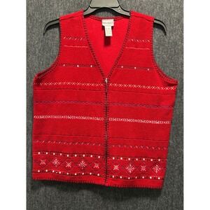 Napa Valley Fleece Vest Womens Large Red Nordic Sequin Zip Up Sleeveless